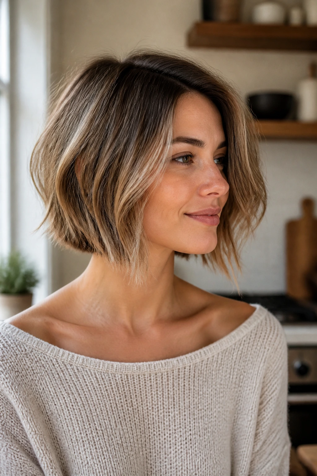 Medium close-up of a soft A-line bob with textured front