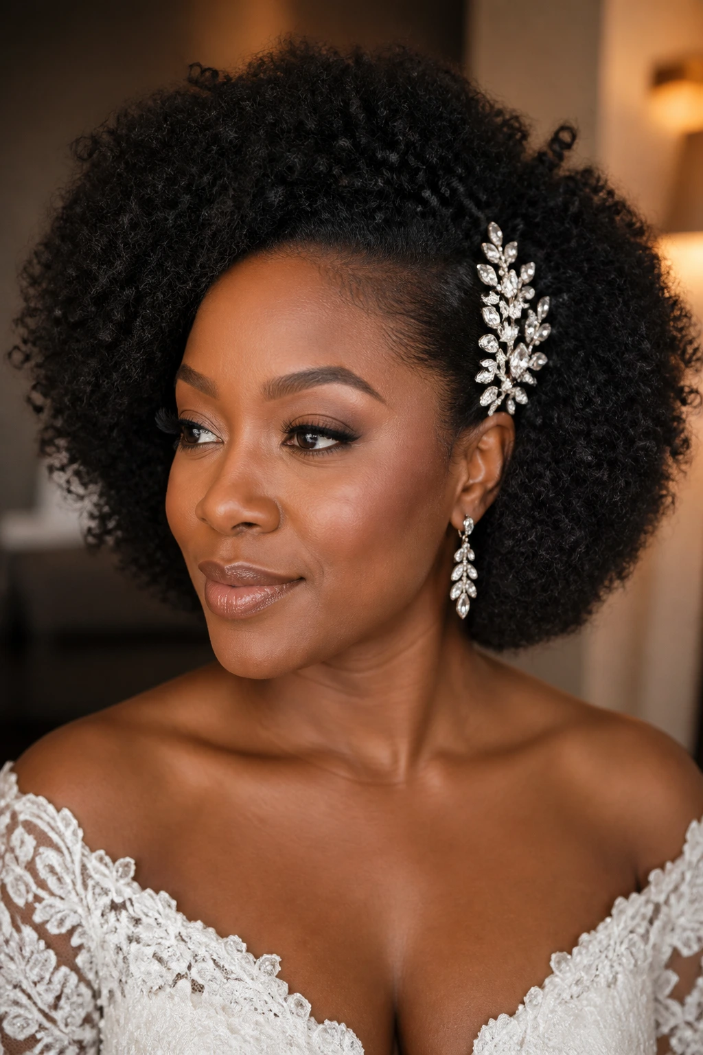 Bride with a soft Afro and crystal pins at temple, portrait shot.