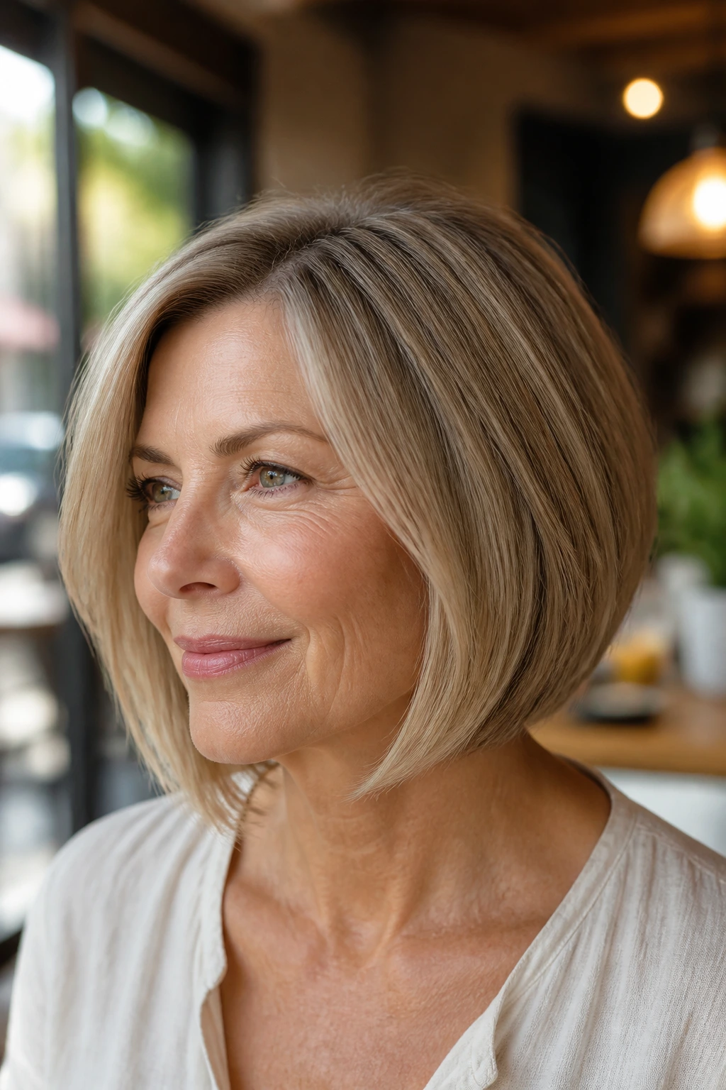 Close-up of a real woman with a soft A-line bob.