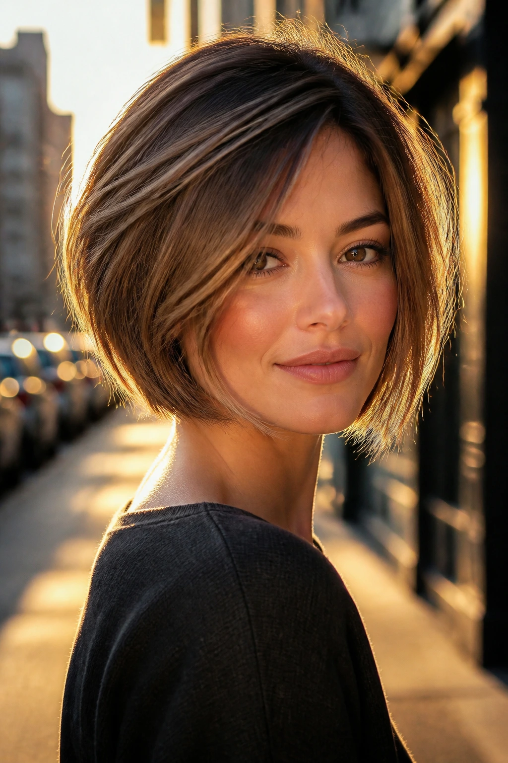 Real woman with softly angled bob in golden hour street light.