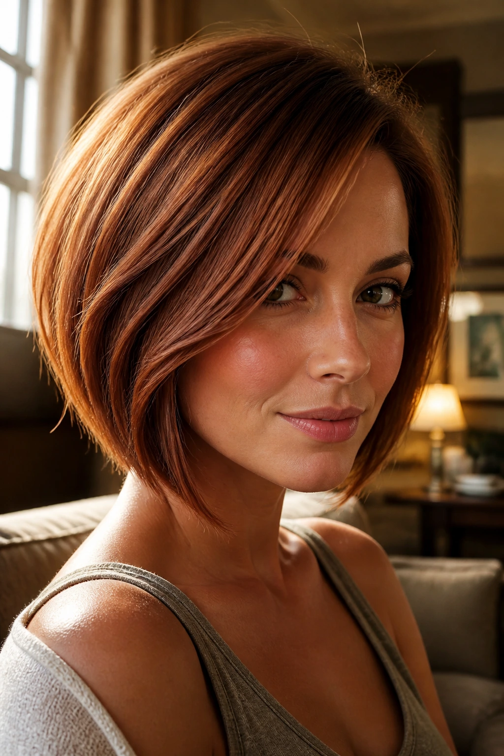 Close-up of a real person with soft angled cinnamon bob in warm interior light