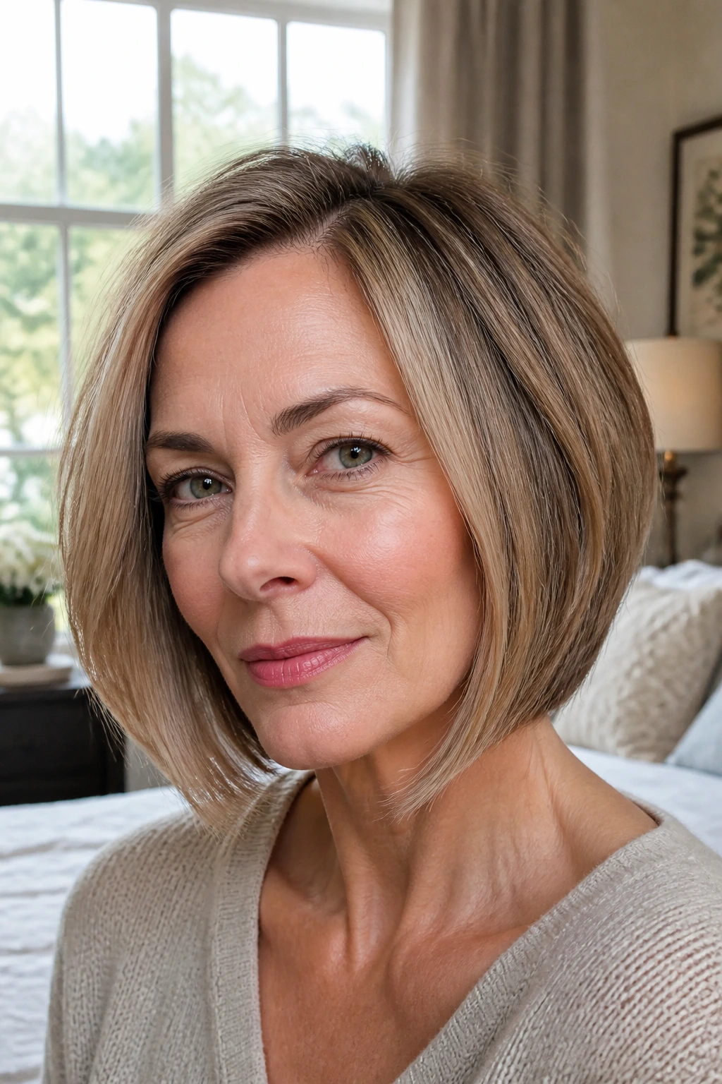 Close-up of a woman with a soft angled lob hairstyle in natural daylight