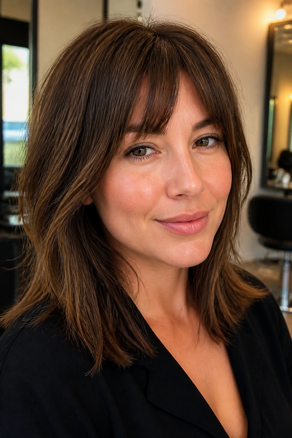 Close-up of a woman wearing a soft angular fringe that points downward at the temples in a warm hair salon