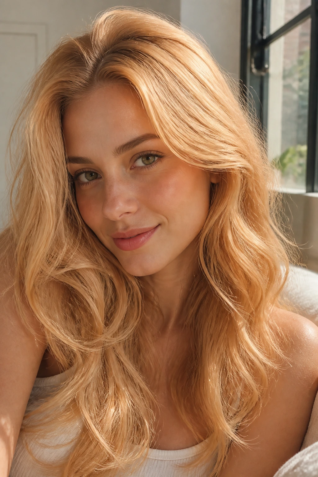 Portrait of soft apricot blonde hair in natural light