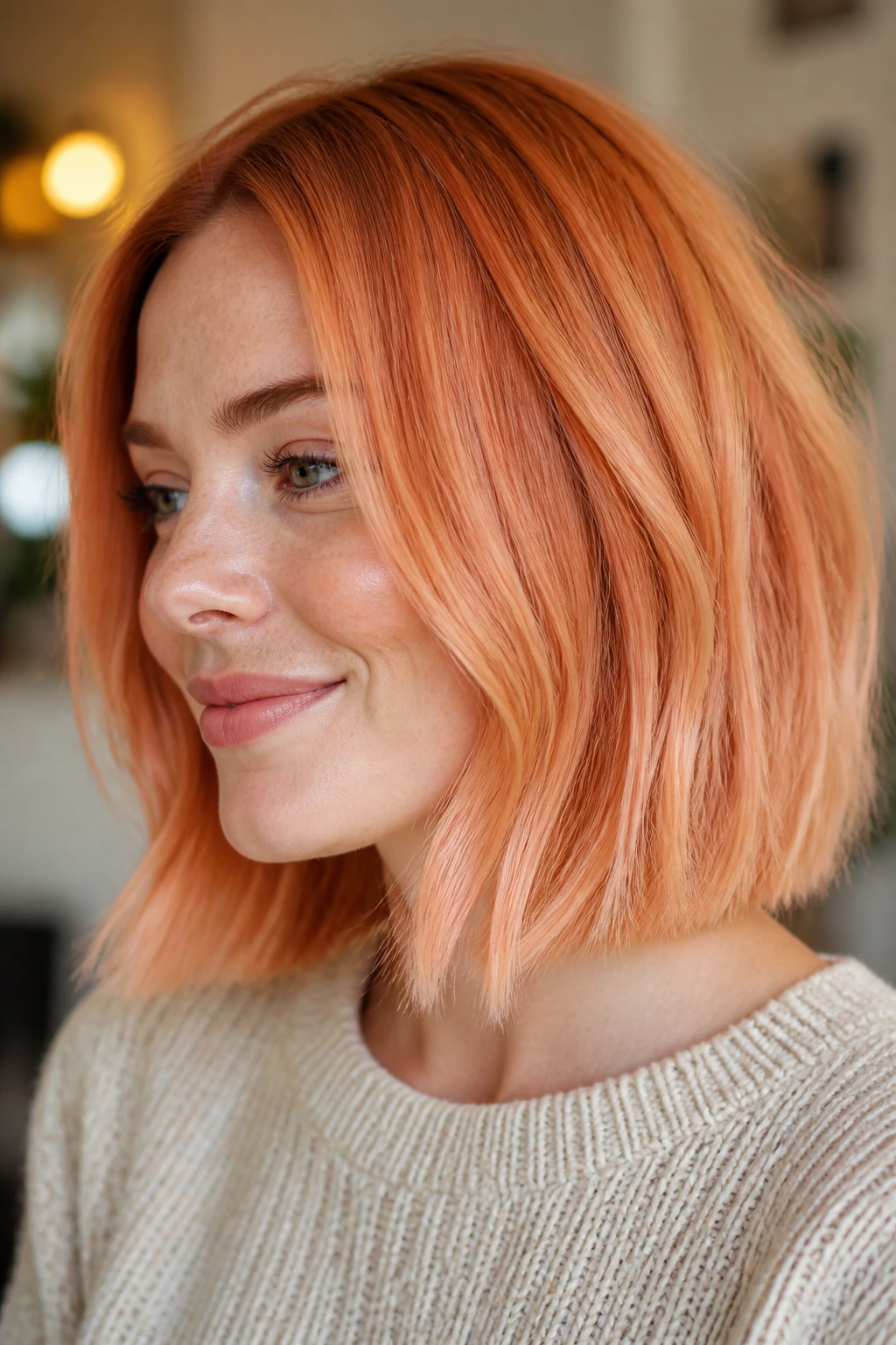 Close-up of blunt lob in soft apricot copper with peach glaze
