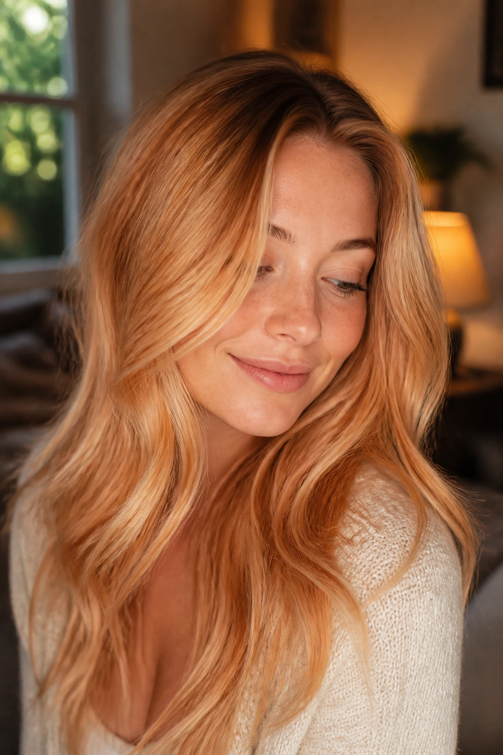 Close-up of woman with soft apricot strawberry blonde in warm ambient light