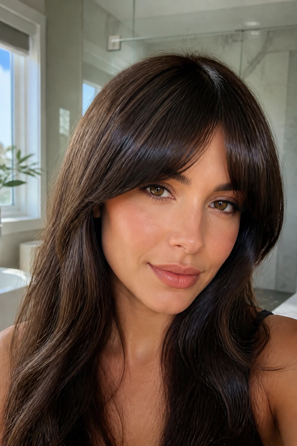 Portrait of a woman with soft arched bangs and glossy finish