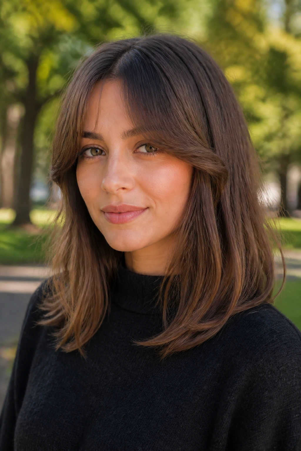 Close-up of a real woman with soft arched curtain fringe framing the forehead