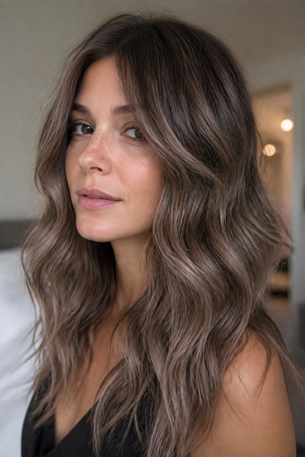 Close-up of a real woman with cool ash brunette waves and soft lighting