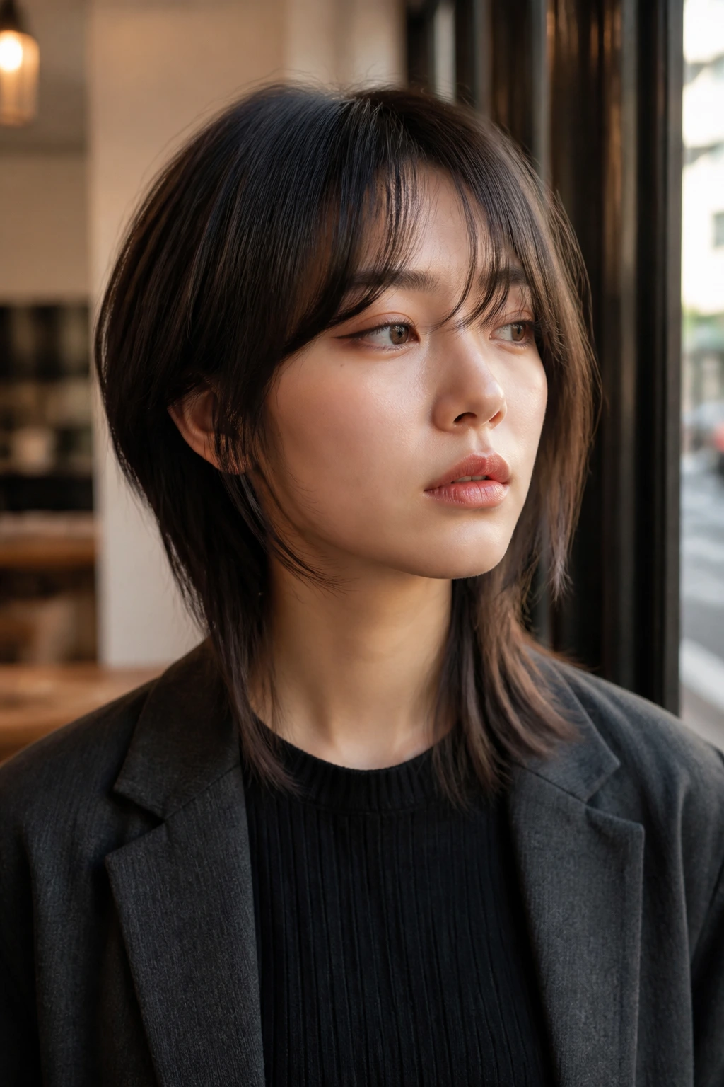 Close-up of a real person with a softly asymmetrical wolf cut and curtain-like fringe