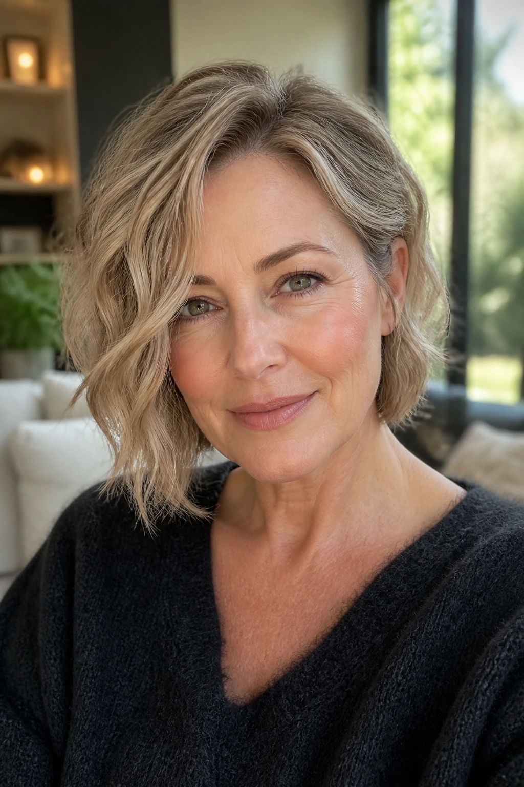 Close-up portrait of a real woman with a soft asymmetrical bob by window light