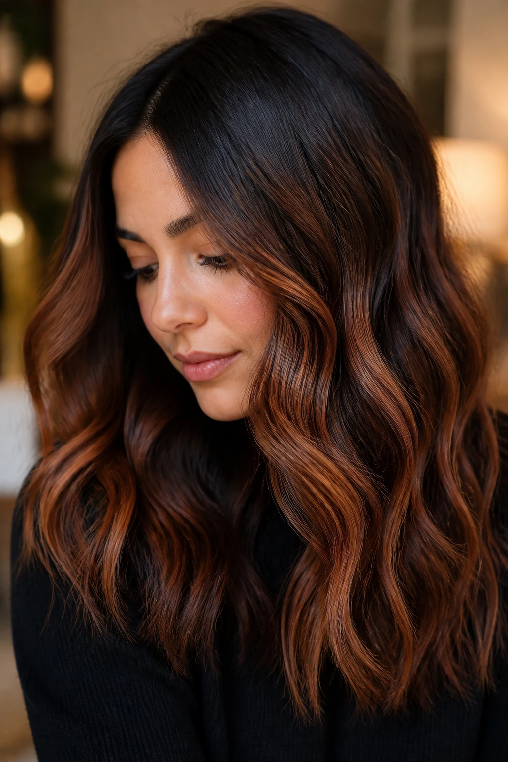 Portrait of a person showing soft auburn balayage on black hair in warm natural light