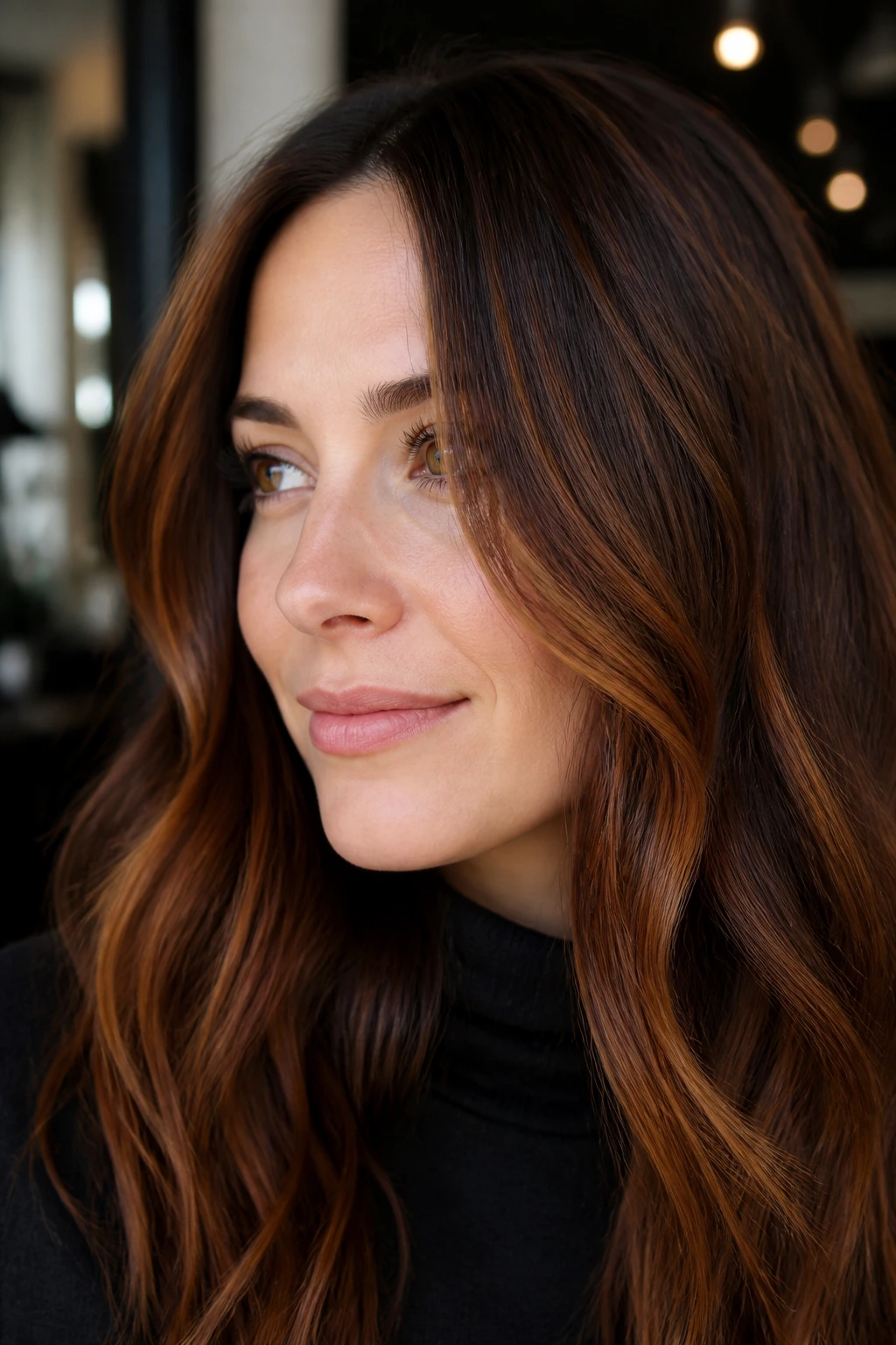 Close-up of a real woman's hair with soft auburn balayage on brunette base in a warm salon.