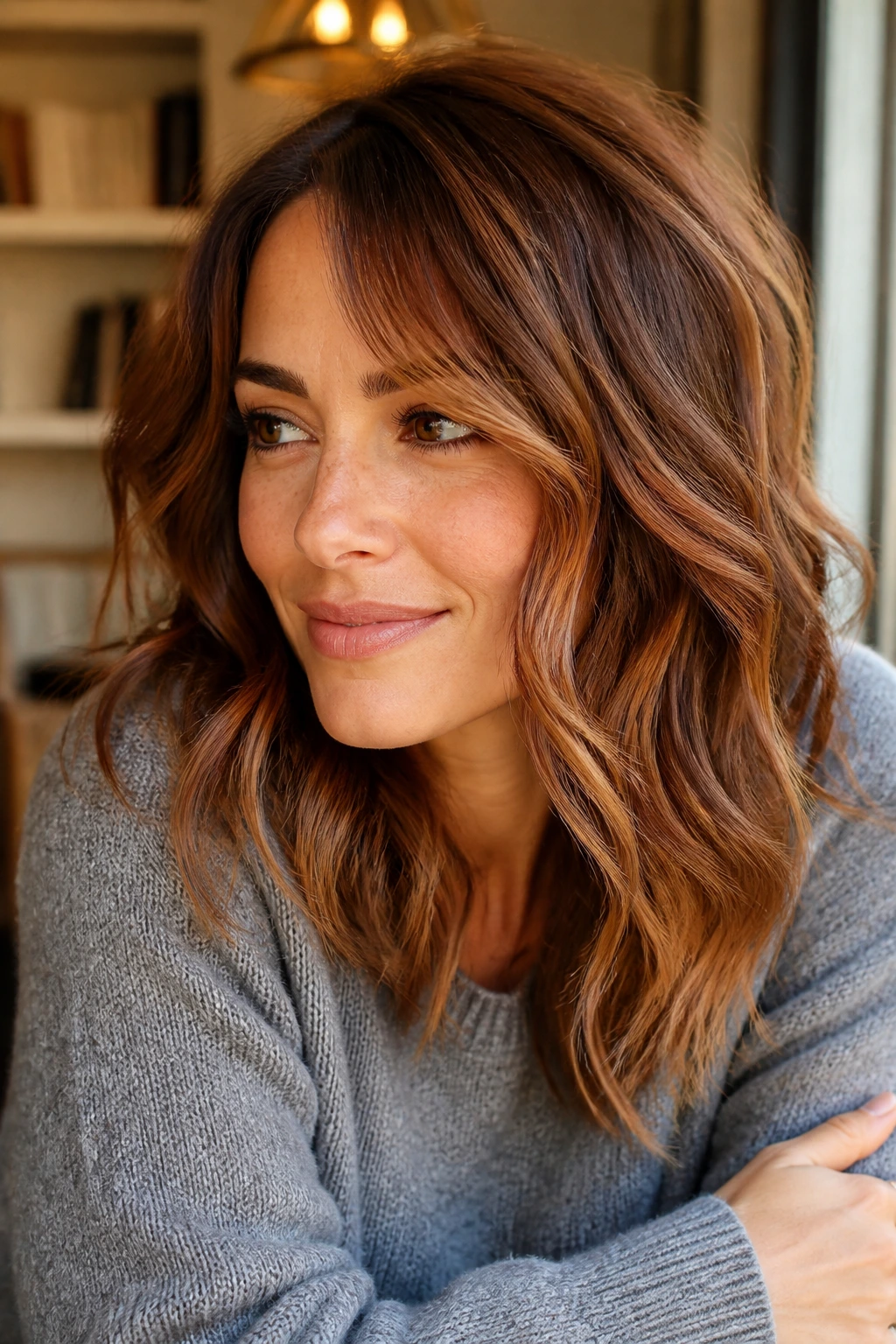 Portrait of a real woman with soft auburn balayage on layered shoulder-length hair.