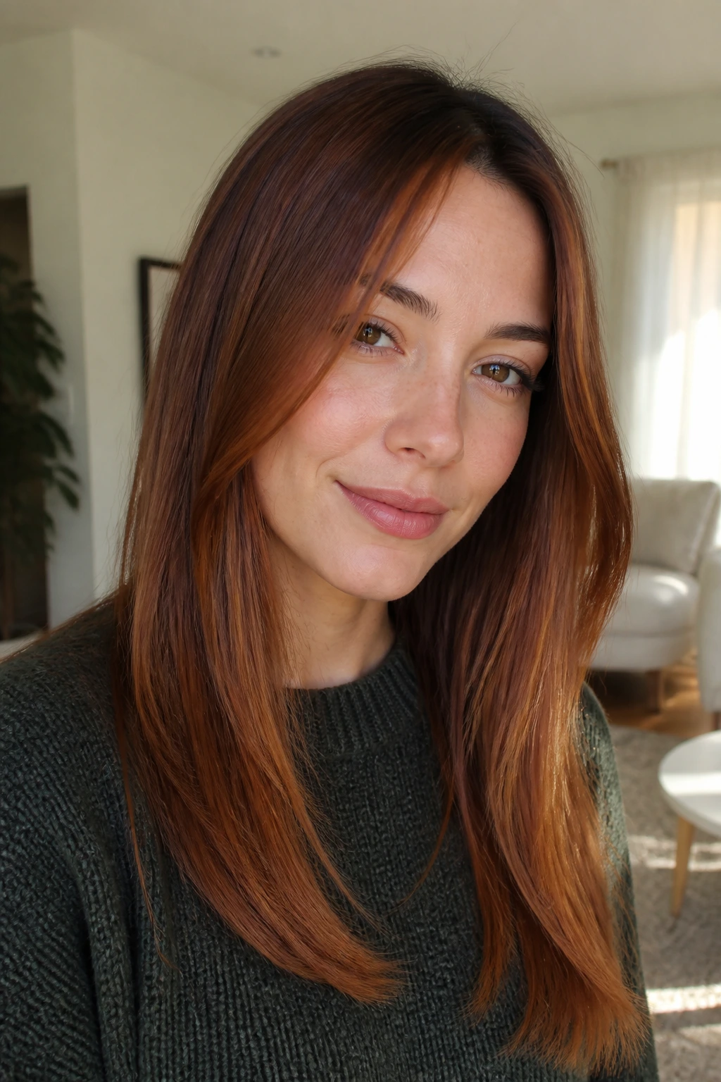 Close-up of a real woman with soft auburn sweep on straight hair