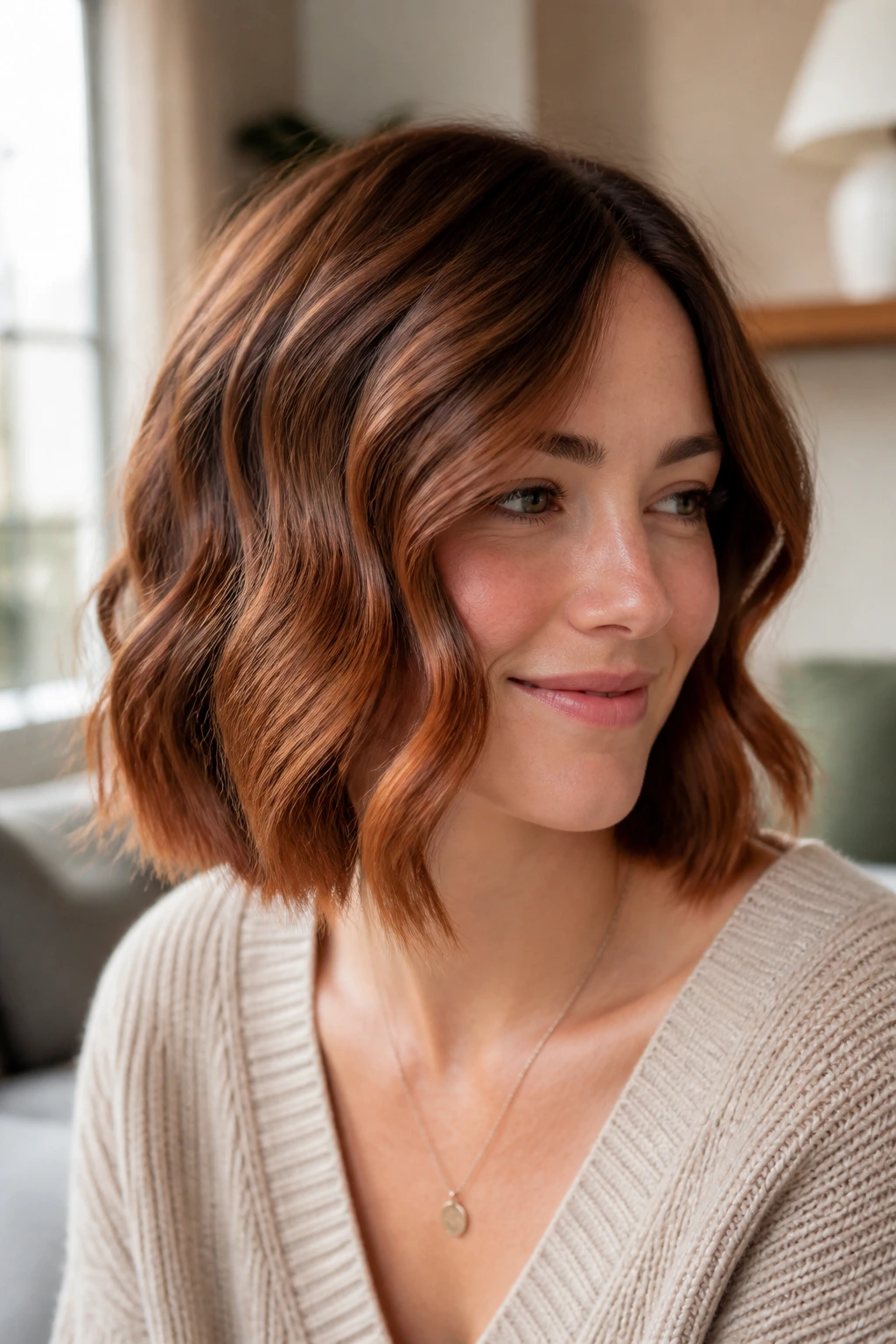 Close-up portrait of a real woman with a wavy bob featuring soft auburn balayage.