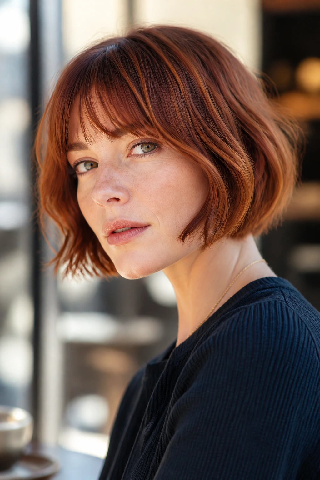 Portrait of a woman with soft auburn French bob in a sunlit cafe