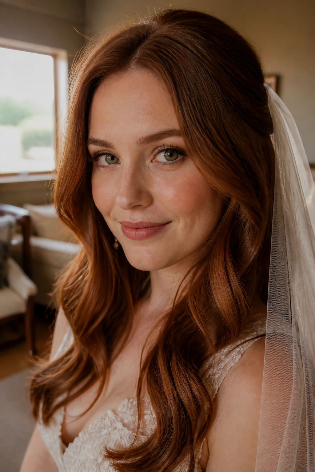 Real bride with soft auburn hair in warm bridal lighting