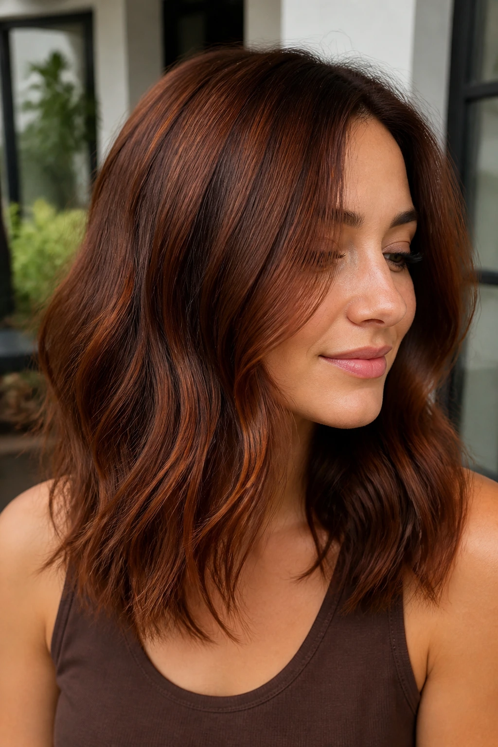 Close-up portrait of a real woman with soft auburn brunette tones and red-brown glow.
