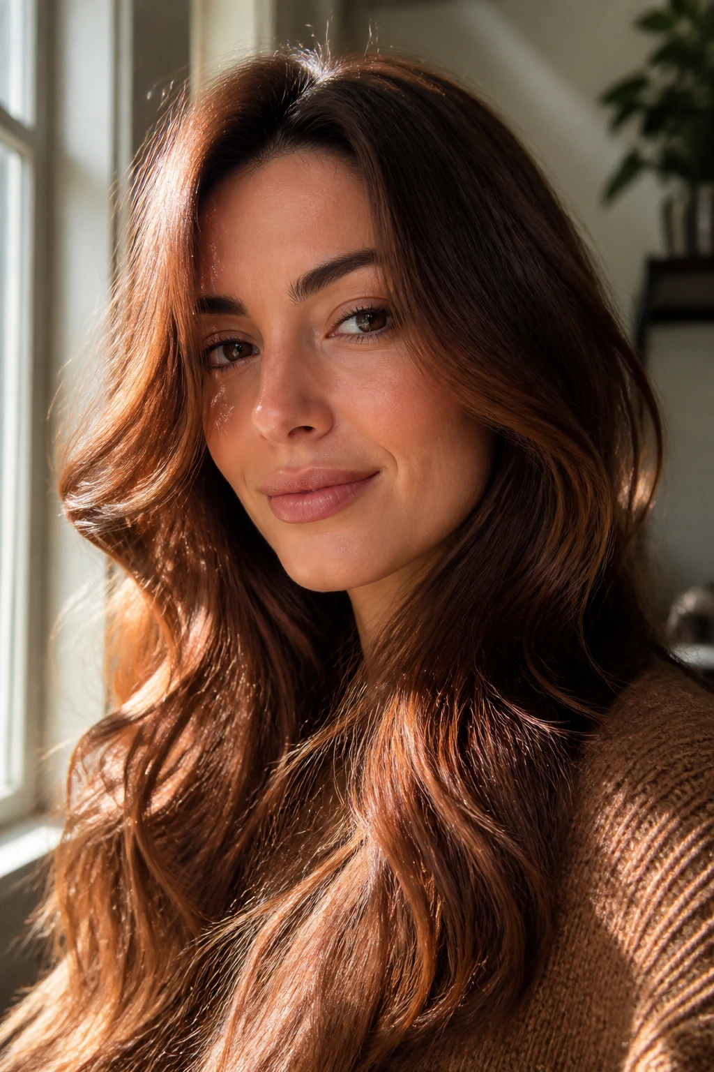 Close-up portrait of Soft Auburn Brunette showing warm auburn glow in sunlight by a window