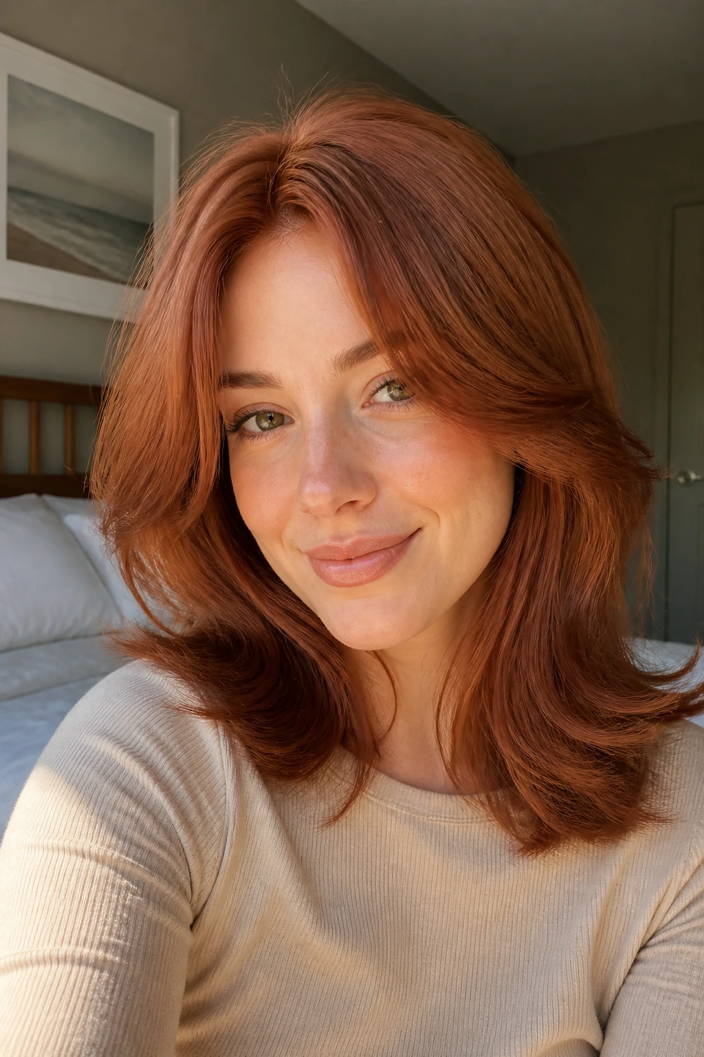 Real person with medium-length hair wearing soft auburn curtain layers around the face.