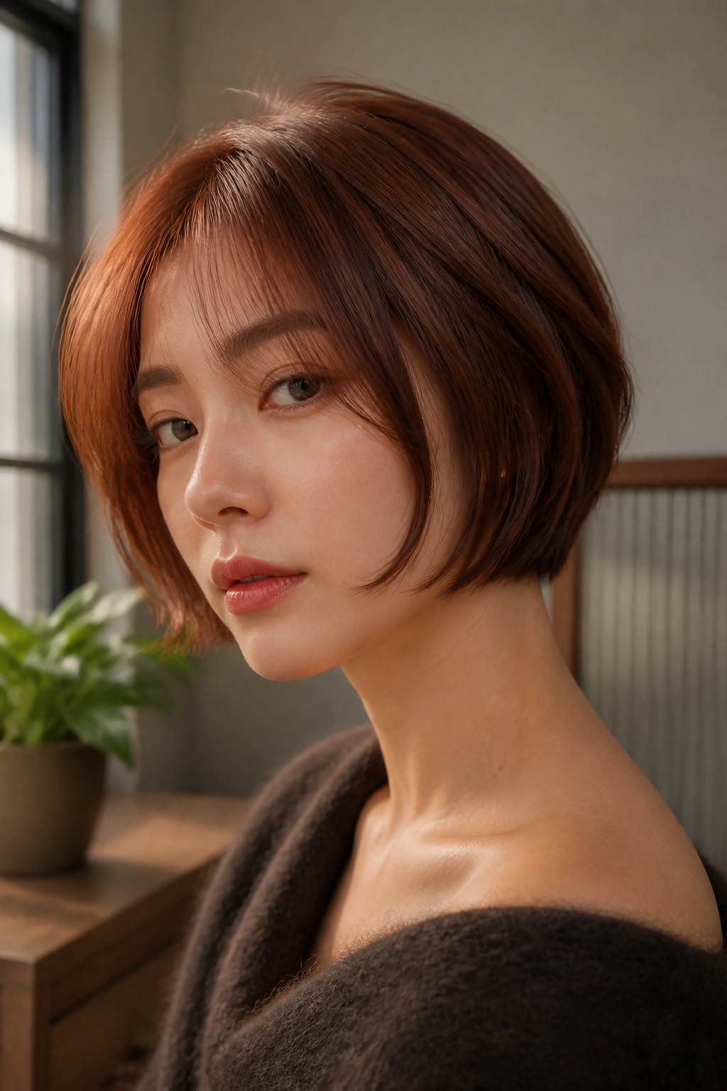 Close-up of a real Asian woman with soft auburn French bob in warm daylight.
