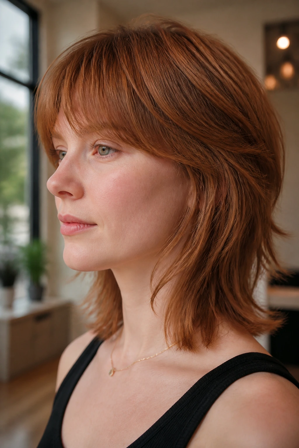 Close-up portrait of a real person with a soft auburn mullet for fine hair.