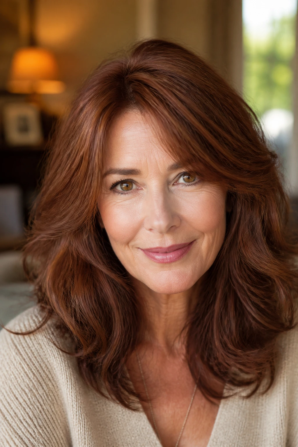 Close-up portrait of a real woman with soft auburn hair in warm light.