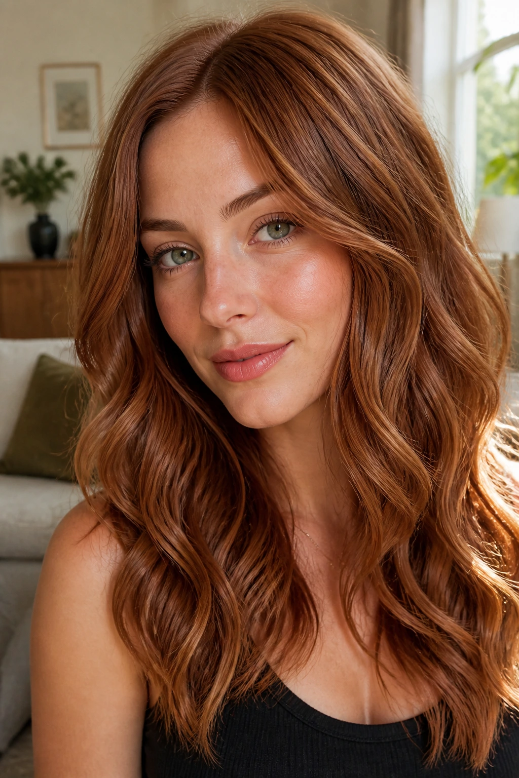 Real person with soft auburn S-waves filling the frame