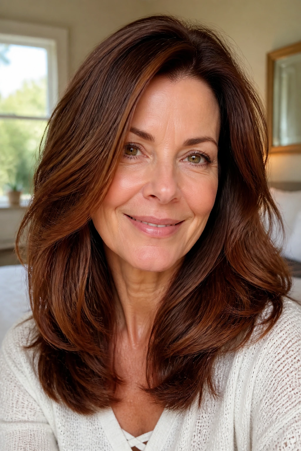 Close-up of chestnut hair with soft auburn glaze near mid-lengths and ends