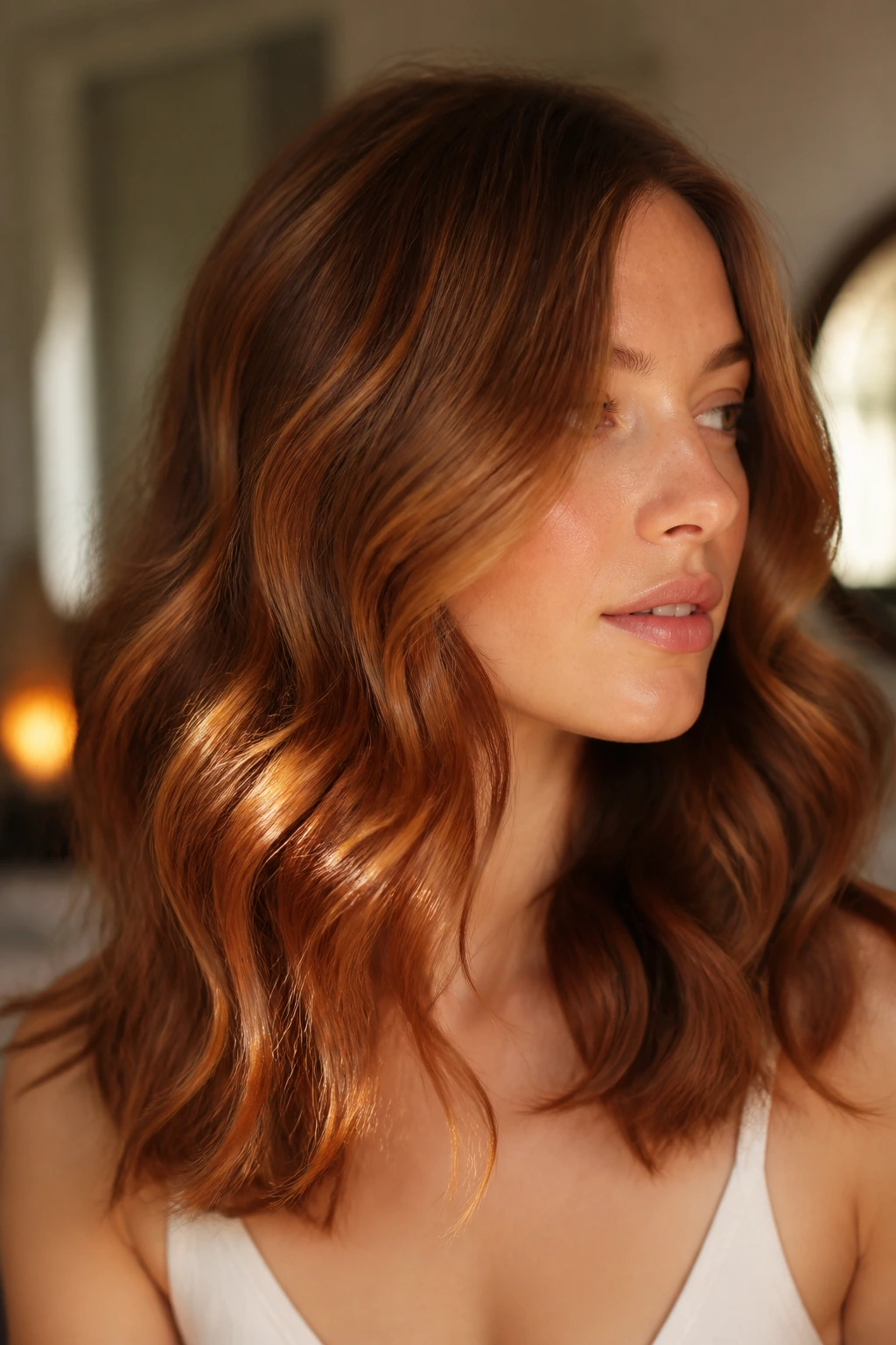Close-up of a real woman's head with a soft auburn veil over wavy hair in warm light
