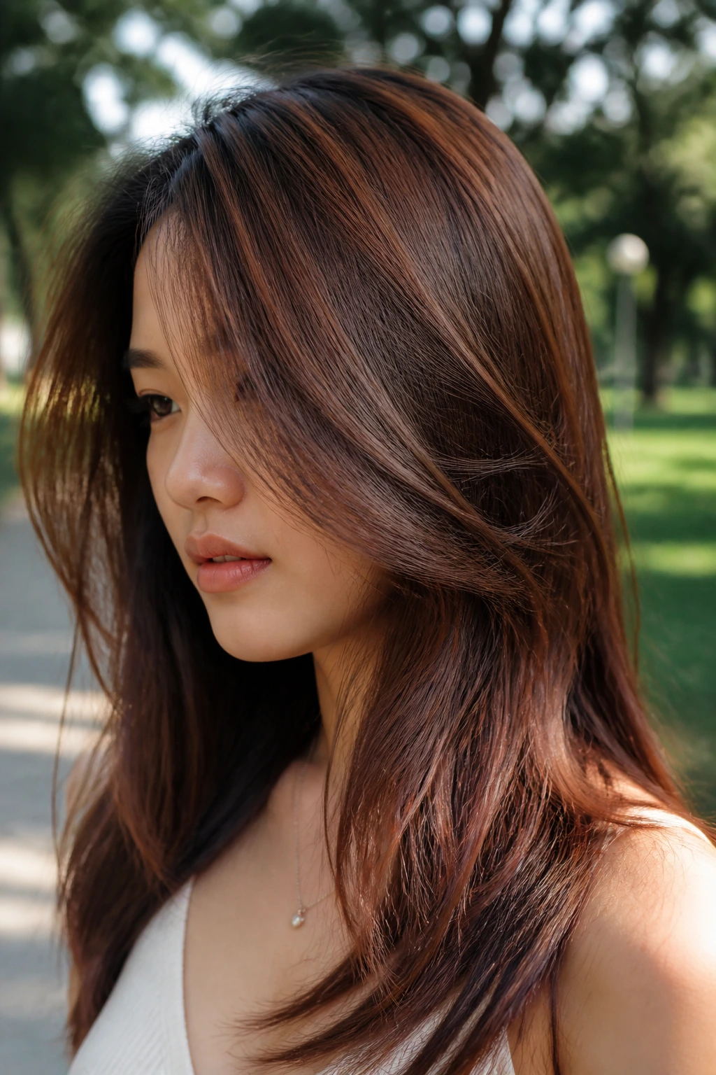 Close-up of hair with soft auburn veils woven through it.
