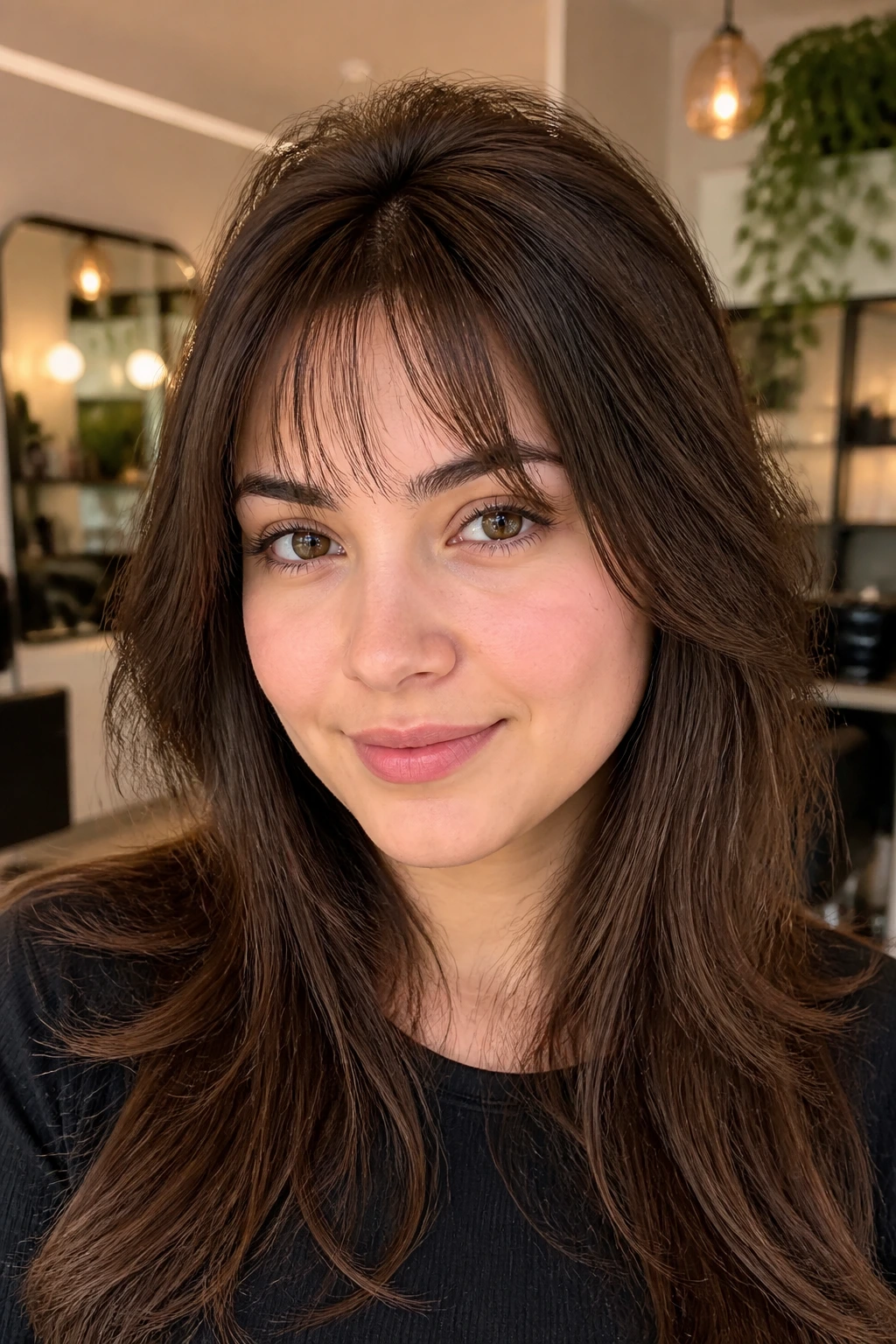 Close-up of a real woman with soft baby bangs and crown lift