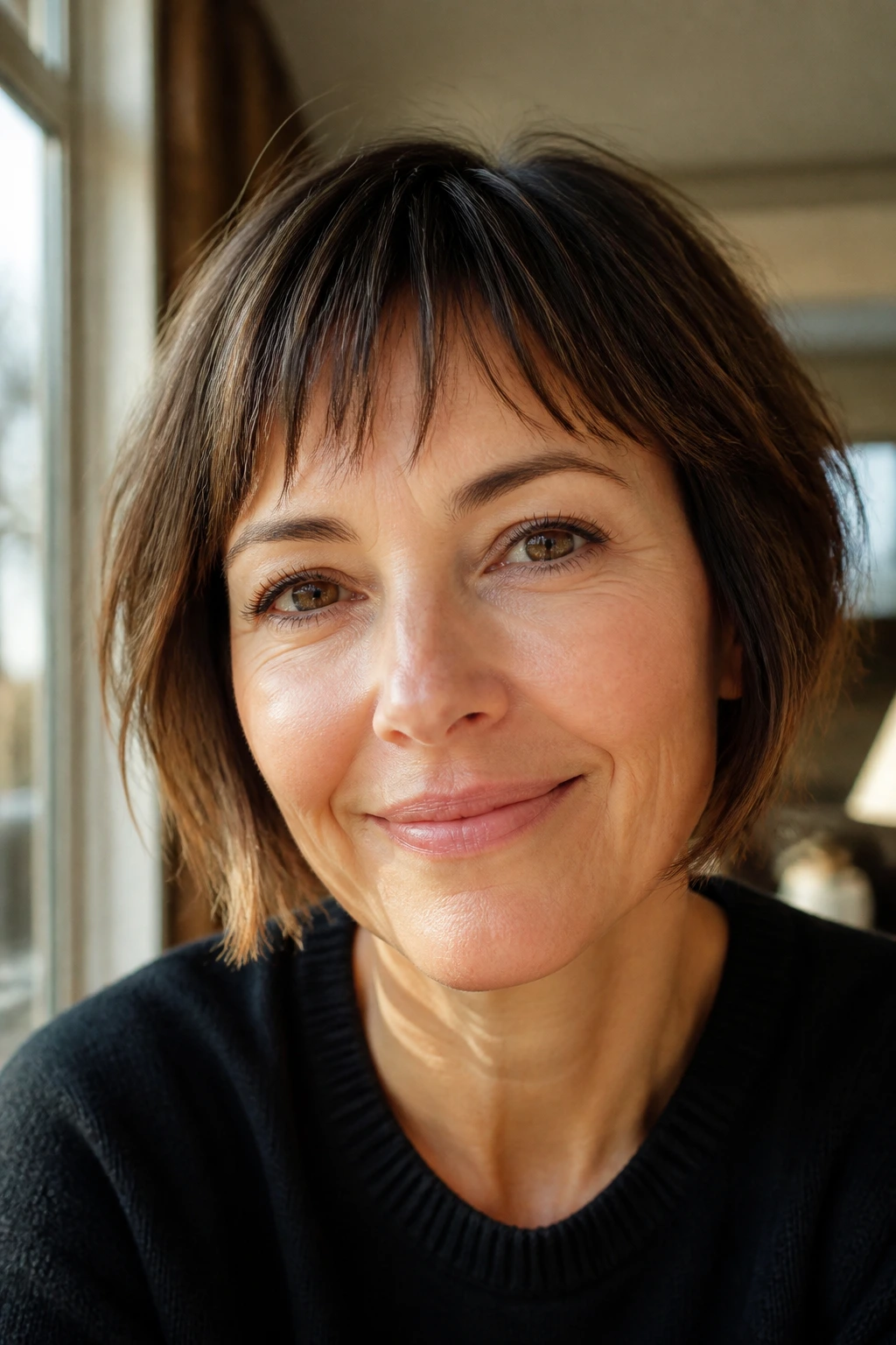 Close-up of a real woman with soft textured baby bangs