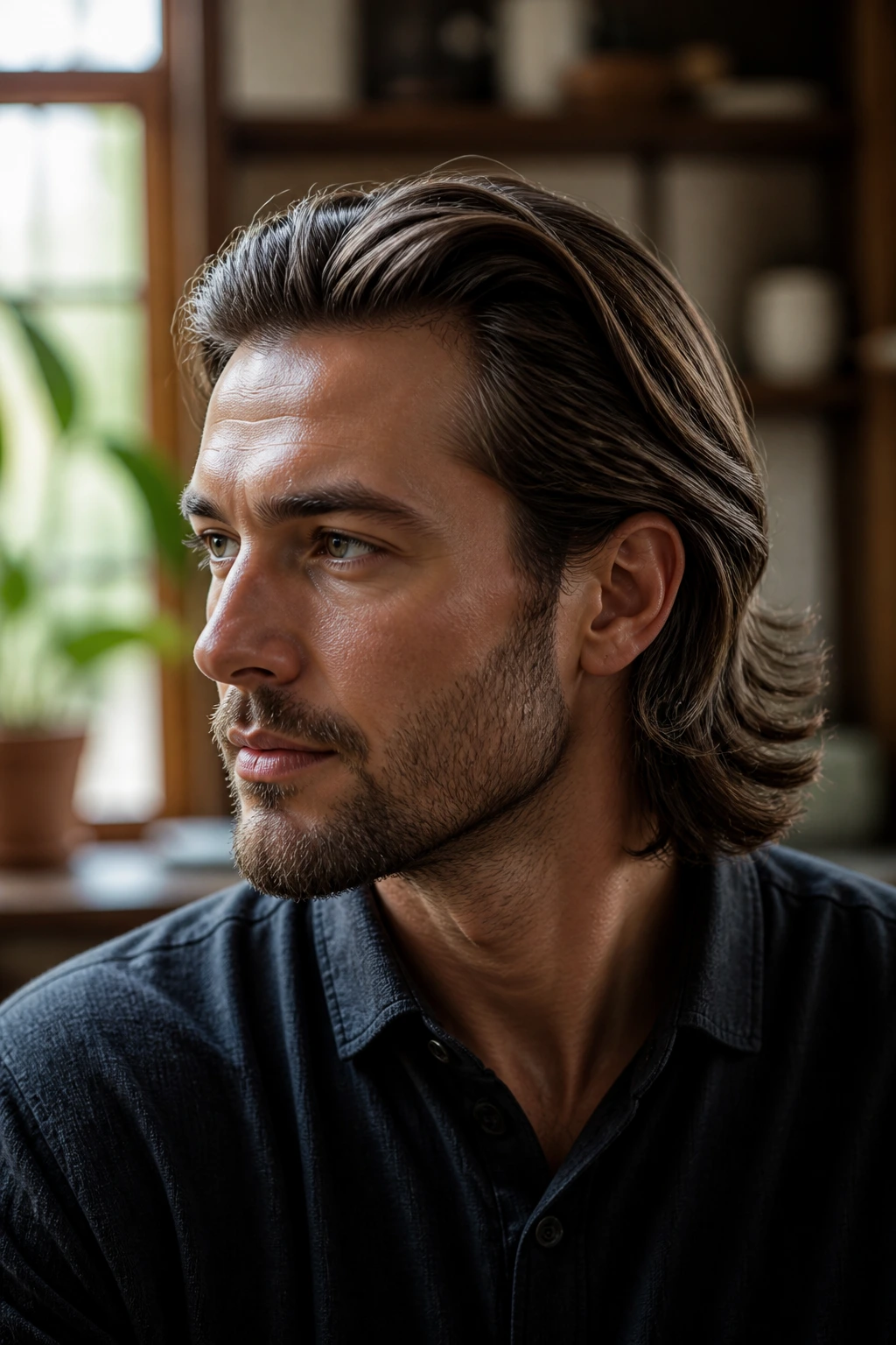 Close-up of a man with a soft back-brush collar ends hairstyle in a warm indoor setting