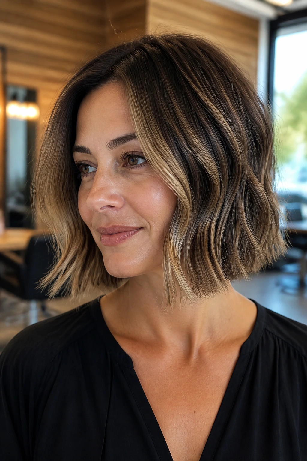 Close-up portrait of a real woman with a bob featuring soft balayage and deeper roots