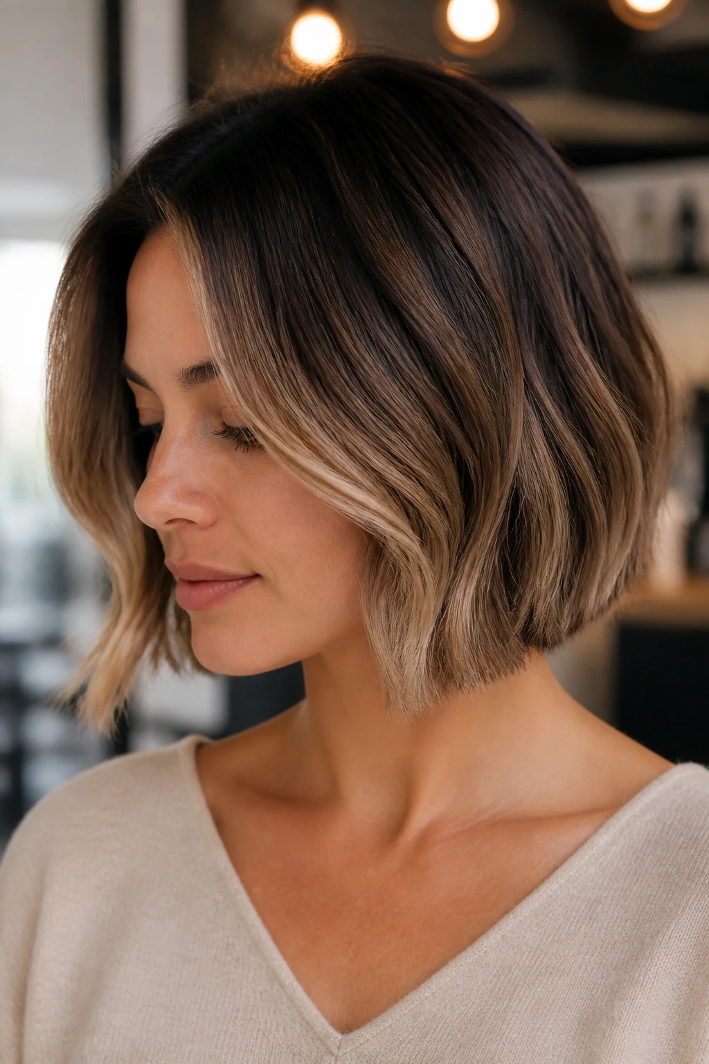 Close-up portrait of a real woman with a bob featuring soft balayage and a clean shape