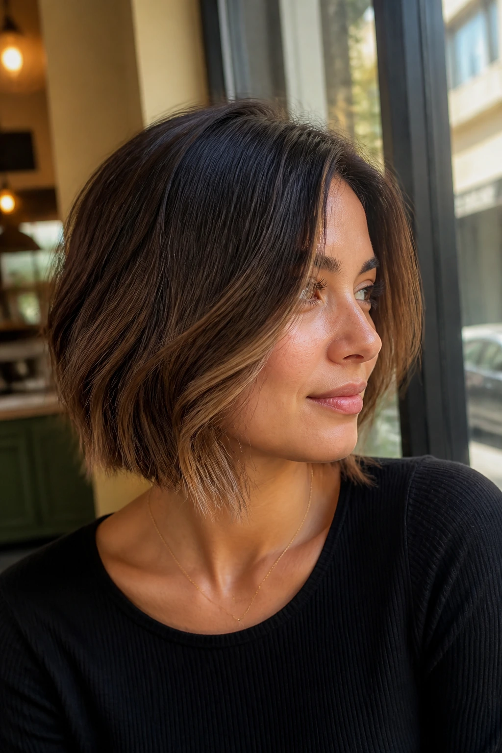 Portrait of a real woman with soft balayage chin-length bob in cafe daylight.
