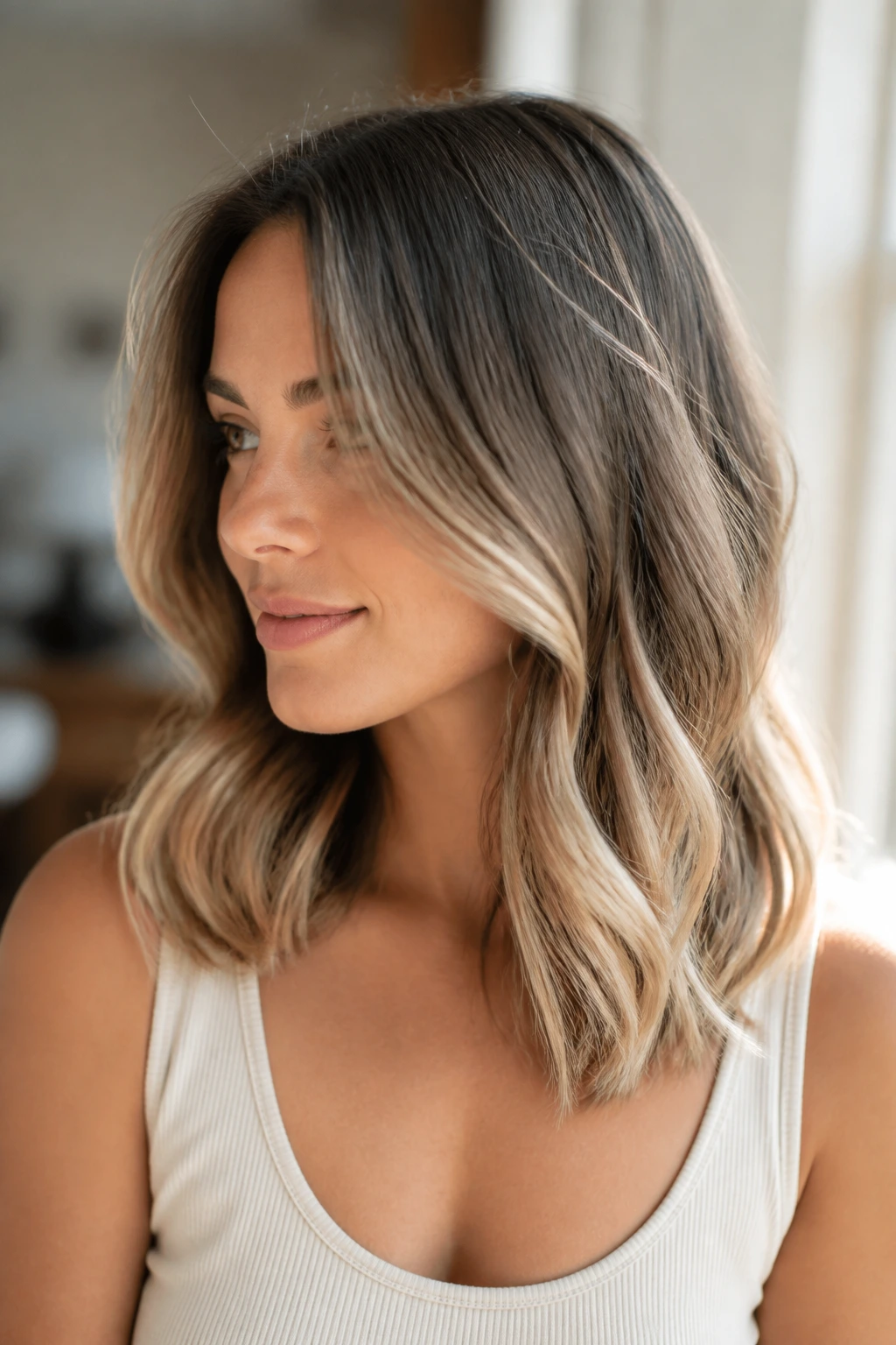 Shoulder-length hair with a soft evolving balayage gradient in natural light