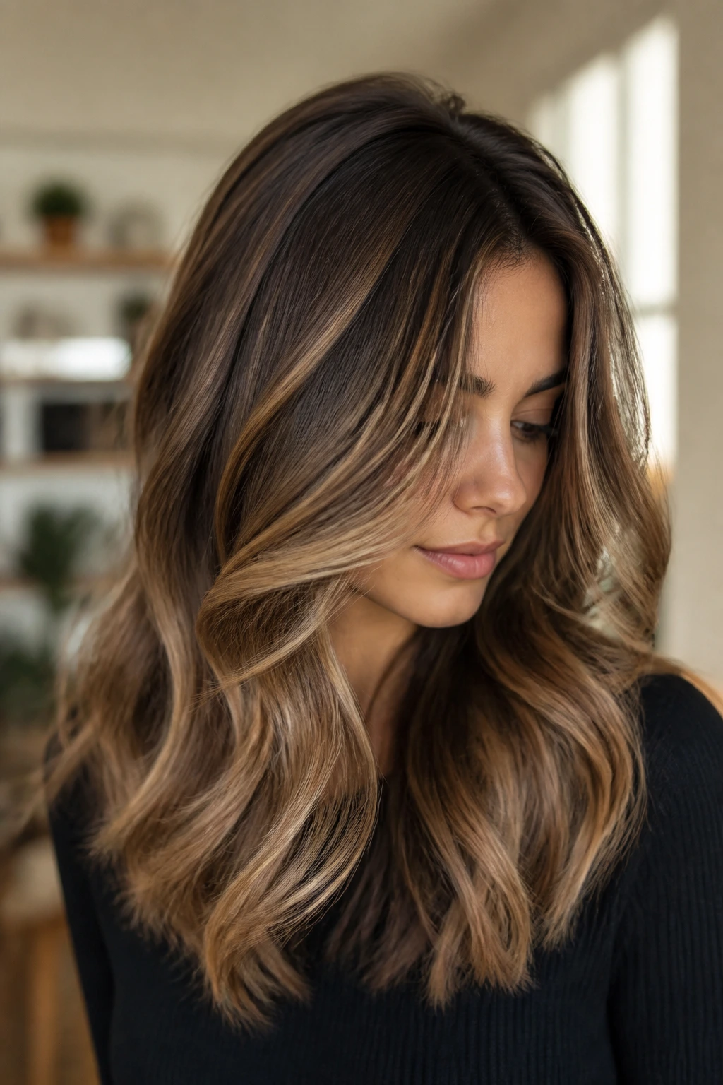 Real person with soft balayage showing layered depth
