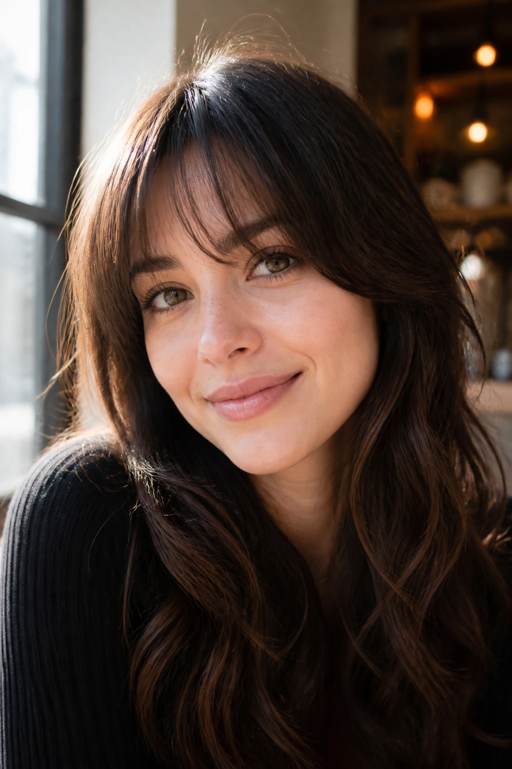 Close-up portrait of a person with soft airy bangs framing the face