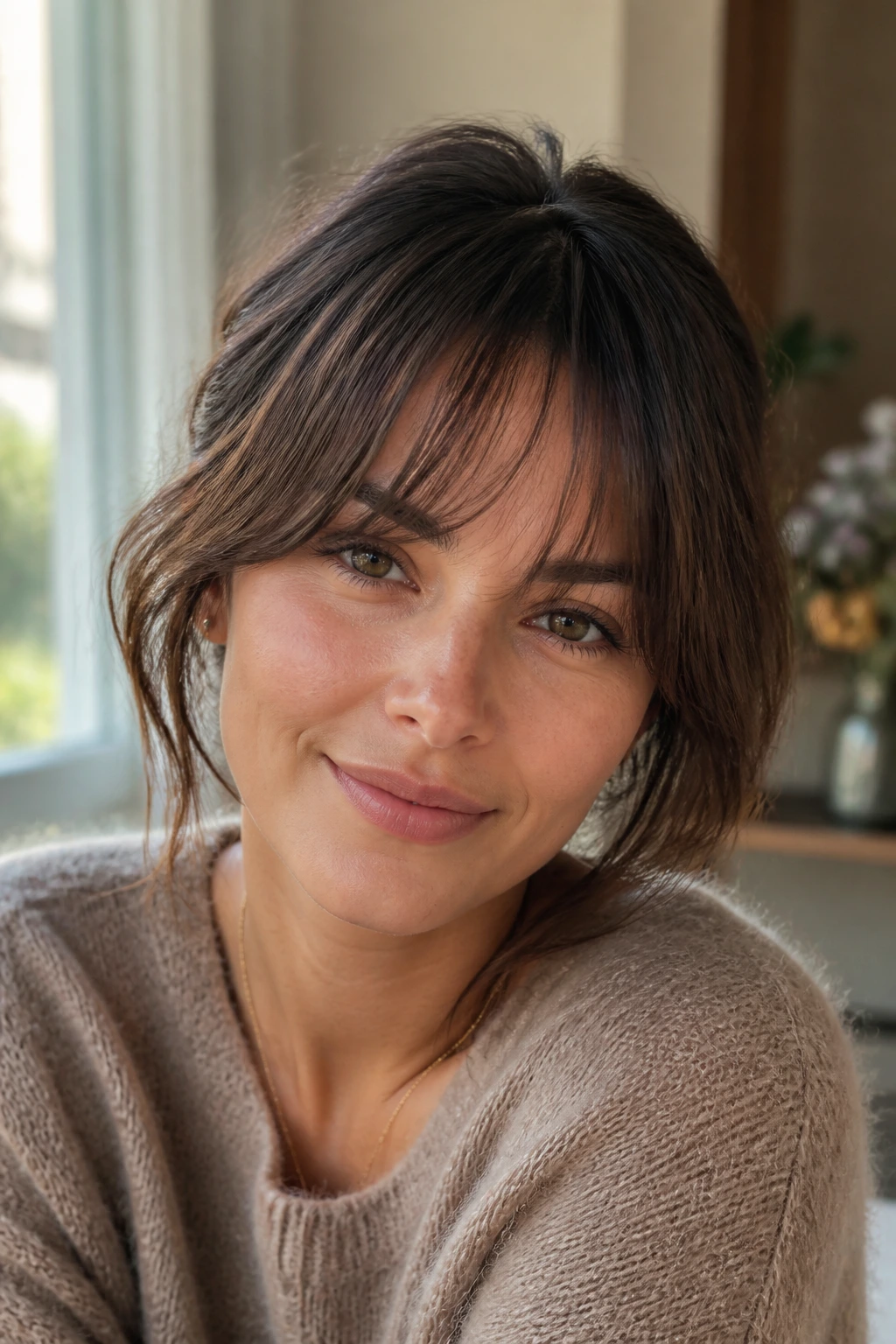 Portrait of a woman with soft bangs in natural window light