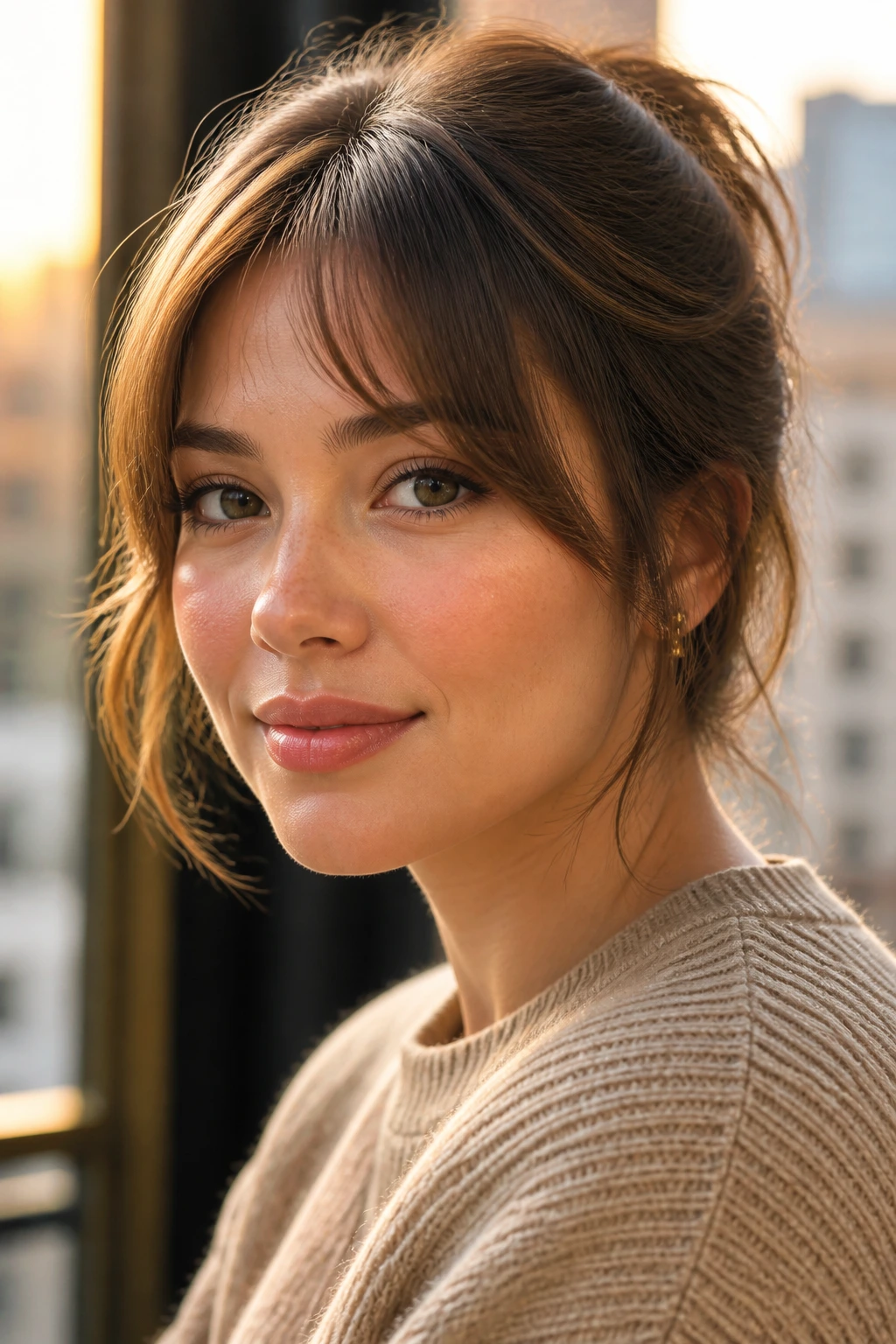 Portrait of a real person with soft bangs shaping a round face