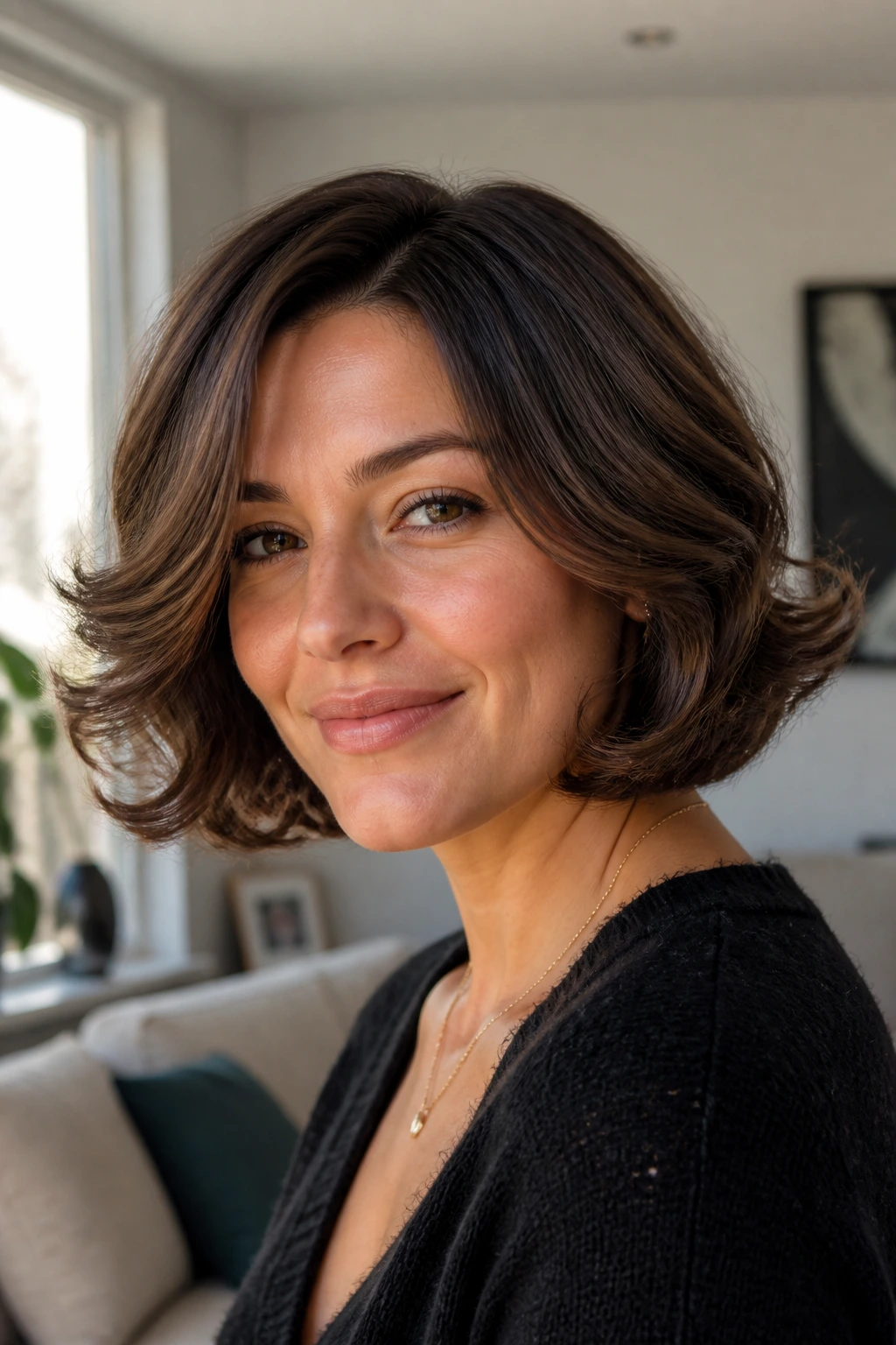 Close-up of a real woman with a soft barrel-curled bob, curls framing the face.