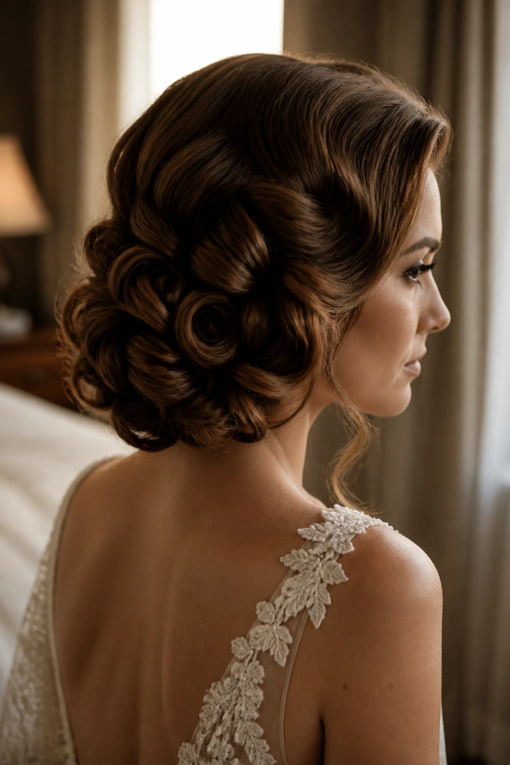Close-up of a real bride with soft barrel curls pinned into a low nest