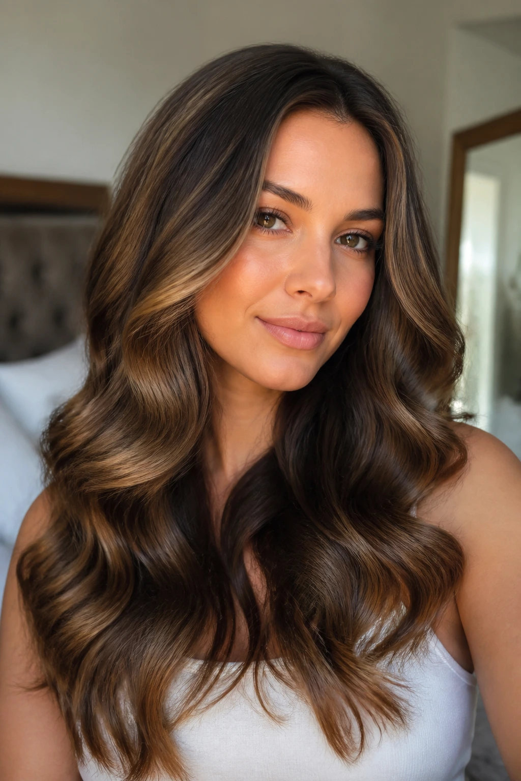 Close-up of a real woman with soft barrel waves and a polished finish.