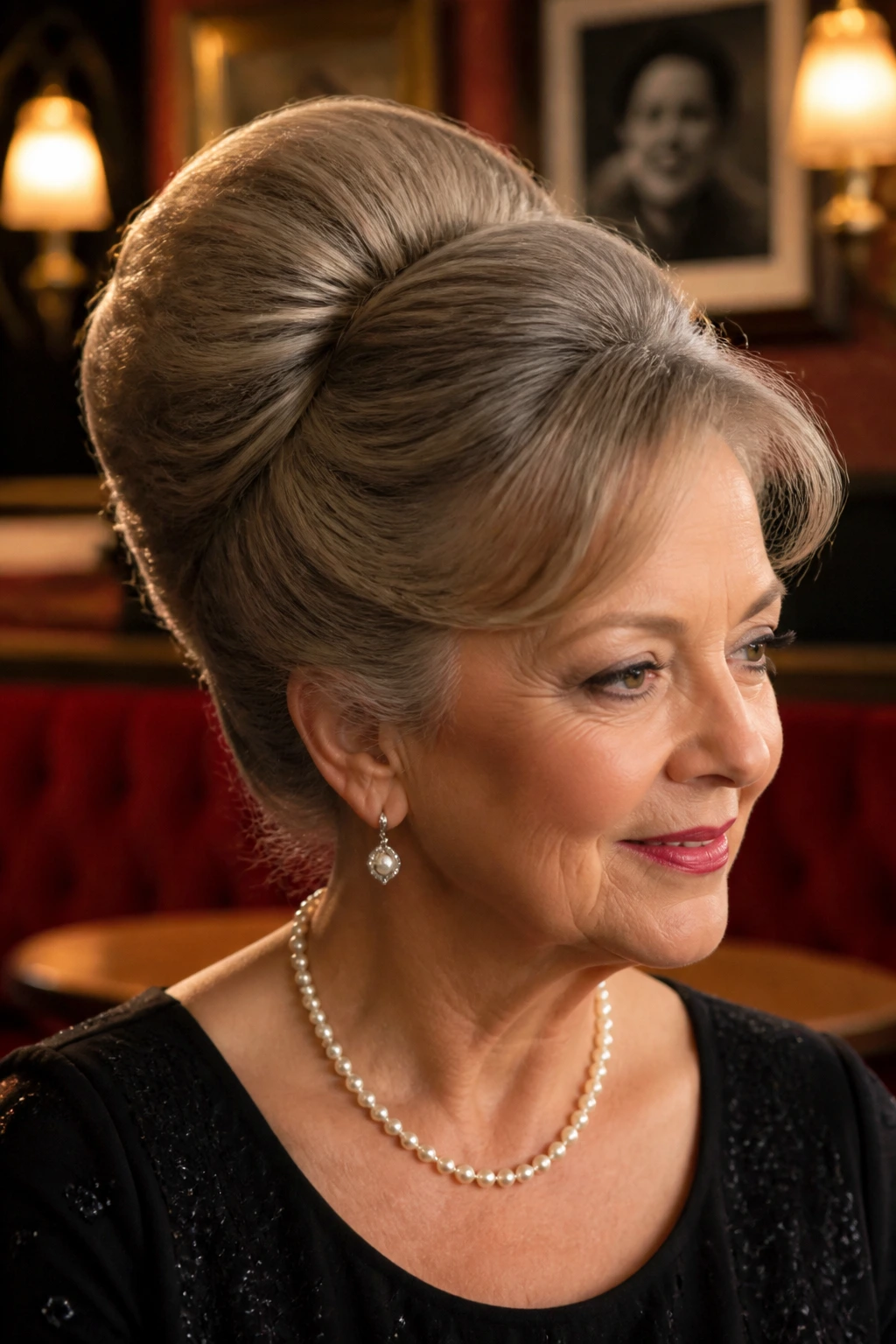 Close-up of a real woman wearing a soft beehive hairstyle.