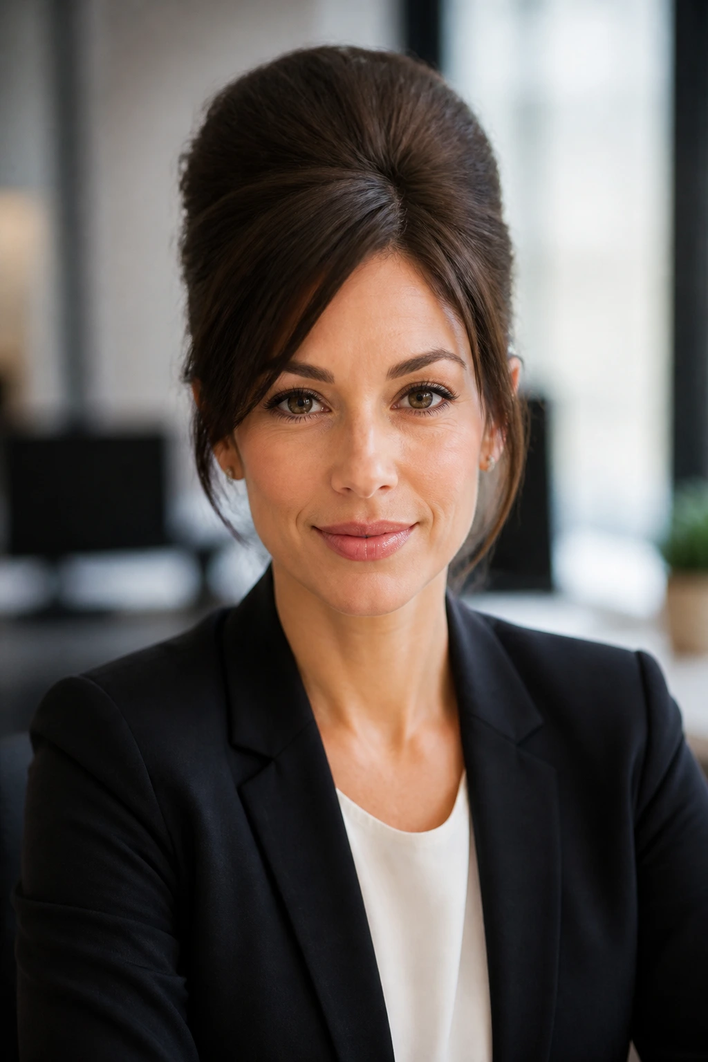Close-up portrait of a woman with an office-ready soft beehive