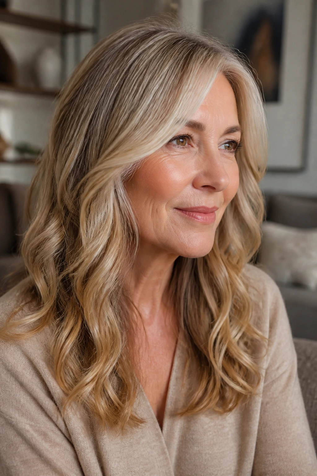 Portrait of an older woman with beige-blonde hair featuring soft waves and subtle lowlights.