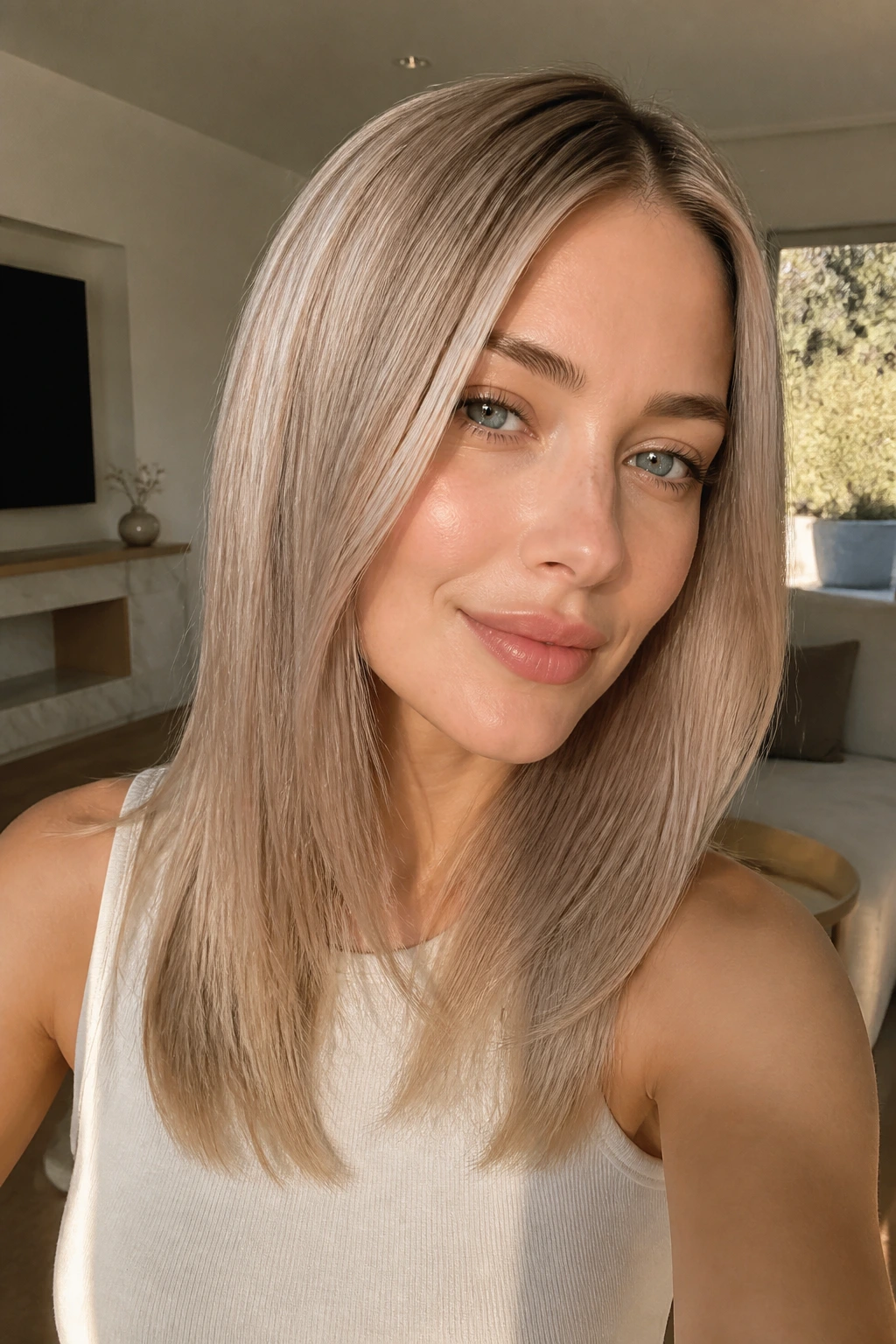 Real woman with soft beige blonde hair in a close-up portrait.